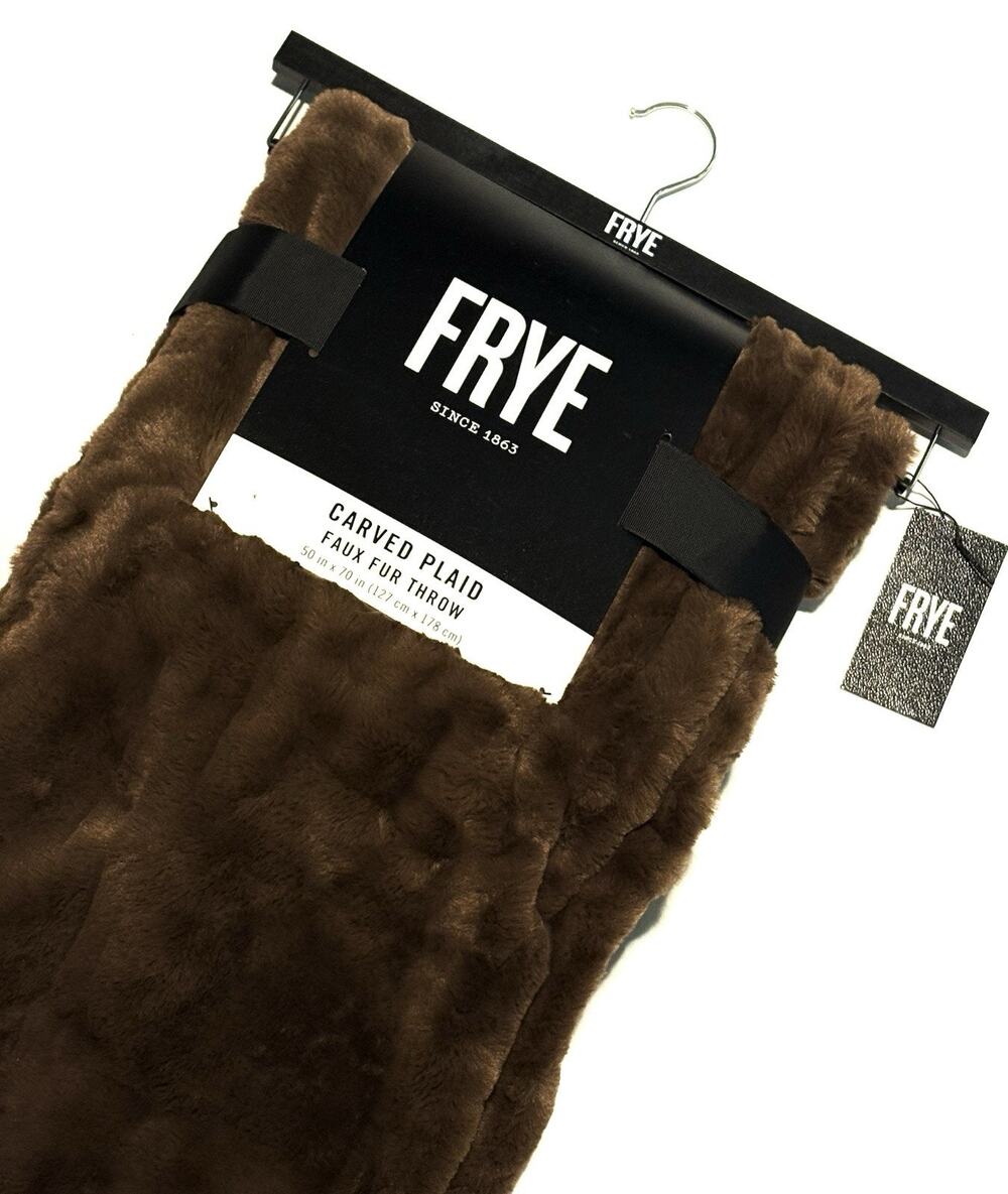 FRYE Faux Fur Throw Blanket Dark Brown TEXTURED Plaid Chocolate 50 X 70" NWT